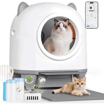 JUMMICO 90L XXL Self-Cleaning Cat Litter Box, Automatic Smart with APP Control, Anti-Pinch Safety, Health Monitoring, Double Deodorization, Litter Mat & Fragrance Included, for Multiple Cats JUMMICO 90L XXL Self-Cleaning Cat Litter Box, Automatic Smart with APP Control, Anti-Pinch Safety, Health Monitoring, Double Deodorization, Litter Mat & Fragrance Included, for Multiple Cats