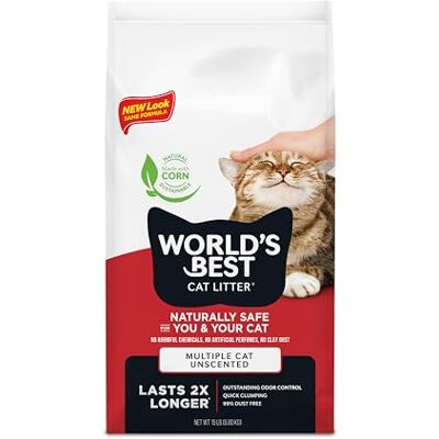 World's Best Cat Litter Multiple Cat Unscented, 15-Pounds Natural Ingredients, Quick Clumping, Flushable, 99% Dust Free Long-Lasting Odor Control & Easy Scooping World's Best Cat Litter Multiple Cat Unscented, 15-Pounds Natural Ingredients, Quick Clumping, Flushable, 99% Dust Free Long-Lasting Odor Control & Easy Scooping