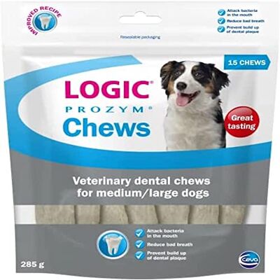 Logic Prozym Chews: Dental Care for Dogs & Puppies 6+ Mos., Large & Medium Sizes, Low Calorie, 15 Neutral Chews Logic Prozym Chews: Dental Care for Dogs & Puppies 6+ Mos., Large & Medium Sizes, Low Calorie, 15 Neutral Chews