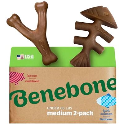 Benebone 2-Pack Fishbone/Wishbone Dog Chew Toys, Long Lasting Tough Boredom Breaker for Dogs, REAL Salmon and REAL Bacon Flavour, For Medium Dogs, Made in USA Benebone 2-Pack Fishbone/Wishbone Dog Chew Toys, Long Lasting Tough Boredom Breaker for Dogs, REAL Salmon and REAL Bacon Flavour, For Medium Dogs, Made in USA