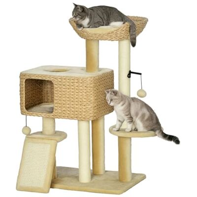 PawHut Cat Scratching Post 98 cm Cat Tree with 2 Lean Surfaces, Scratching Posts, Climbing Tree, Play Ball, Cat Furniture with Cat Cave for Cats up to 6 kg, Sisal, Water Hyacinth, Beige PawHut Cat Scratching Post 98 cm Cat Tree with 2 Lean Surfaces, Scratching Posts, Climbing Tree, Play Ball, Cat Furniture with Cat Cave for Cats up to 6 kg, Sisal, Water Hyacinth, Beige