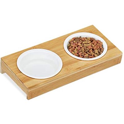 Relaxdays Pet Feeding Station, 2x Dog Bowls, Cat, Small Animals, Wood Stand, Ceramic Bowls, each 200 ml, Natural/White Relaxdays Pet Feeding Station, 2x Dog Bowls, Cat, Small Animals, Wood Stand, Ceramic Bowls, each 200 ml, Natural/White