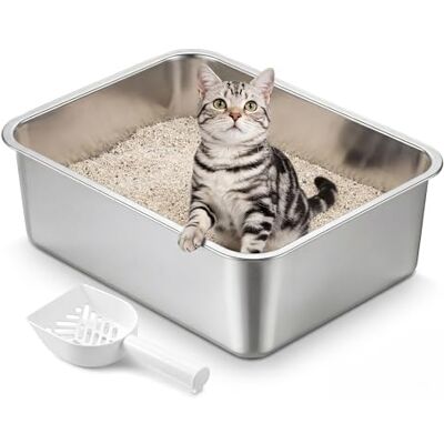 Feandrea Stainless Steel Litter Box, Open Top Cat Litter Tray with Scoop, Silver, 45 x 35 x 15 cm for Kittens, Small Cats PPT014E101 Feandrea Stainless Steel Litter Box, Open Top Cat Litter Tray with Scoop, Silver, 45 x 35 x 15 cm for Kittens, Small Cats PPT014E101
