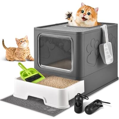HOMAGICO Cat Litter Box with Litter Mat, Foldable Extra Large Free in and Out/One-Way with Lid, Drawer Type Enclosed Kitty Litter Box,Odor Control Anti-Splashing Easy Cleaning (Dark Grey) HOMAGICO Cat Litter Box with Litter Mat, Foldable Extra Large Free in and Out/One-Way with Lid, Drawer Type Enclosed Kitty Litter Box,Odor Control Anti-Splashing Easy Cleaning (Dark Grey)
