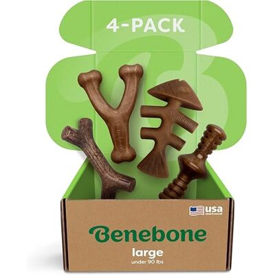 Benebone Dog Chew Toy Gift Box for Aggressive Chewers with Wishbone, Fishbone, Stick & Zaggler, Long Lasting Boredom Breakers, 100% Real Flavours, For Large Dogs, Made in the USA. Benebone Dog Chew Toy Gift Box for Aggressive Chewers with Wishbone, Fishbone, Stick & Zaggler, Long Lasting Boredom Breakers, 100% Real Flavours, For Large Dogs, Made in the USA.
