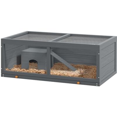 PawHut Wooden Hamster Cage, Small Animal Cage with Sliding Tray, Openable Top, Hut, Exercise Play House for Syrian Hamsters, Grey PawHut Wooden Hamster Cage, Small Animal Cage with Sliding Tray, Openable Top, Hut, Exercise Play House for Syrian Hamsters, Grey