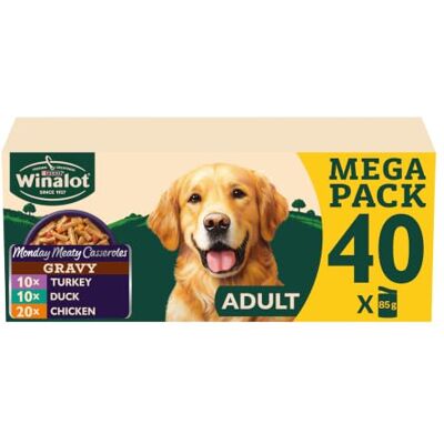 Purina WINALOT Monday Meaty Casseroles Chicken, Turkey, Duck in Gravy Wet Dog Food 40 x 85g Purina WINALOT Monday Meaty Casseroles Chicken, Turkey, Duck in Gravy Wet Dog Food 40 x 85g