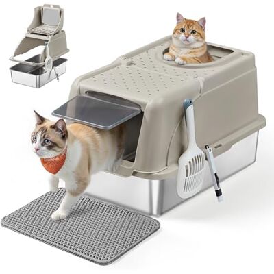 Feandrea Stainless Steel Cat Litter Box with Flip Lid, XL Enclosed Litter Box with Leak-Proof Design, Scoop, Brush, Dual Entry, for Cats up to 15 kg, Cappuccino Beige PPT005K01 Feandrea Stainless Steel Cat Litter Box with Flip Lid, XL Enclosed Litter Box with Leak-Proof Design, Scoop, Brush, Dual Entry, for Cats up to 15 kg, Cappuccino Beige PPT005K01