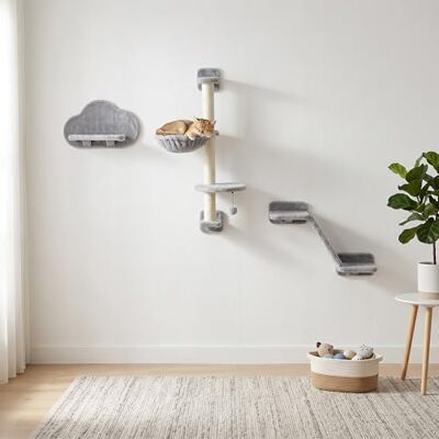 PawHut Cat Wall Furniture w/ Hammock, Platforms, Ladder, Scratching Post - Grey PawHut Cat Wall Furniture w/ Hammock, Platforms, Ladder, Scratching Post - Grey