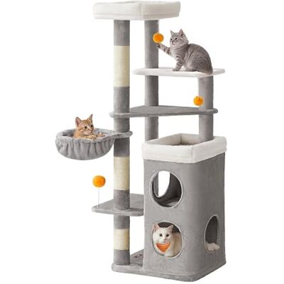 Feandrea Tall Cat Tree, Multiple-Level Cat Tower with 2 Caves, Basket, 3 Scratching Posts, 3 Perches, Dove Grey PCT007G01 Feandrea Tall Cat Tree, Multiple-Level Cat Tower with 2 Caves, Basket, 3 Scratching Posts, 3 Perches, Dove Grey PCT007G01