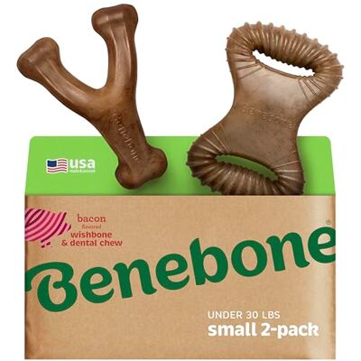 Benebone 2-Pack Dental Chew/Wishbone for Aggressive Chewers, Long Lasting Tough Boredom Breaker for Dogs, REAL Bacon Flavour, For Small Dogs, Made in the USA. Benebone 2-Pack Dental Chew/Wishbone for Aggressive Chewers, Long Lasting Tough Boredom Breaker for Dogs, REAL Bacon Flavour, For Small Dogs, Made in the USA.