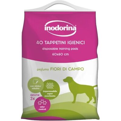 Inodorina Hygienic Dog Mats (60x60 cm, 40 pieces, wildflowers) Super absorbent scented sleepers made of pure virgin cellulose With odor control polymers and non-slip sticker Inodorina Hygienic Dog Mats (60x60 cm, 40 pieces, wildflowers) Super absorbent scented sleepers made of pure virgin cellulose With odor control polymers and non-slip sticker