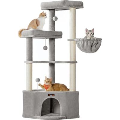 Feandrea Cat Tree Tower, 48.5 x 48.5 x 140.7 cm, Cat Condo with Large Cave, Large Perches, Scratching Posts, Pompoms, Basket, Dove Grey PCT009G01 Feandrea Cat Tree Tower, 48.5 x 48.5 x 140.7 cm, Cat Condo with Large Cave, Large Perches, Scratching Posts, Pompoms, Basket, Dove Grey PCT009G01