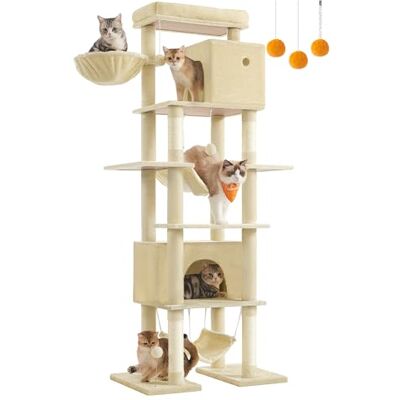 Feandrea XXL Tall Cat Tree, Multi-Level Tower with 4 Scratching Posts, 2 Hammocks, Perch, 2 Cat Caves, Anti-Tip Kit, Beige PCT195Y01 Feandrea XXL Tall Cat Tree, Multi-Level Tower with 4 Scratching Posts, 2 Hammocks, Perch, 2 Cat Caves, Anti-Tip Kit, Beige PCT195Y01