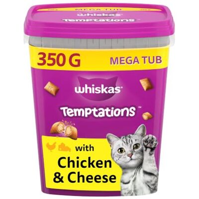 whiskas Temptations Cat Treats Tub with Chicken & Cheese 2 x 350g whiskas Temptations Cat Treats Tub with Chicken & Cheese 2 x 350g