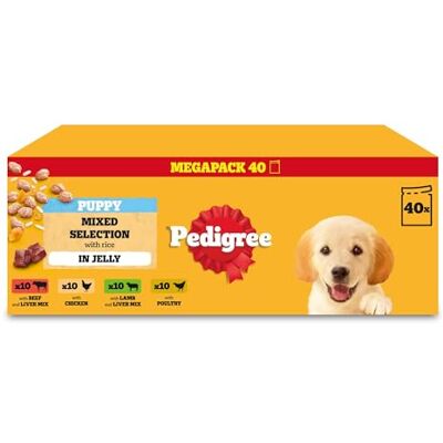 Pedigree Puppy Dog Food Pouches Chunks in Jelly, 40 x 100g Multipack, Four Flavours (with Beef & Liver, Chicken, Lamb & Liver and Poultry) Pedigree Puppy Dog Food Pouches Chunks in Jelly, 40 x 100g Multipack, Four Flavours (with Beef & Liver, Chicken, Lamb & Liver and Poultry)