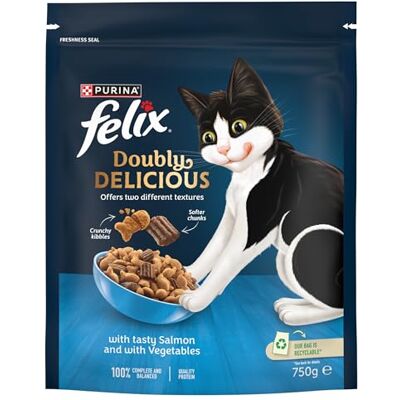 Felix Doubly Delicious Salmon & Vegetables Dry Cat Food 750g (Pack of 4) Felix Doubly Delicious Salmon & Vegetables Dry Cat Food 750g (Pack of 4)
