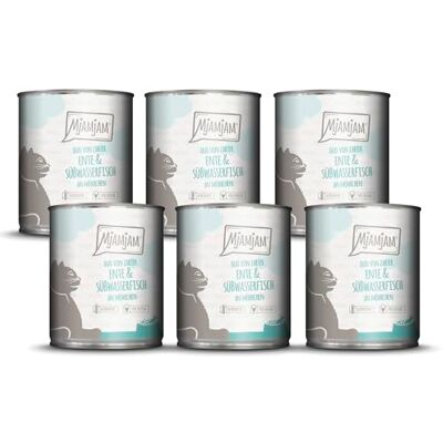 MjAMjAM Premium wet food for cats DUO of tender duck & freshwater fish with carrots, pack of 6 (6 x 800g), grain-free with extra meat MjAMjAM Premium wet food for cats DUO of tender duck & freshwater fish with carrots, pack of 6 (6 x 800g), grain-free with extra meat