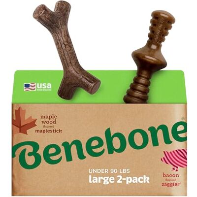 Benebone 2-Pack Maplestick/Zaggler for Aggressive Chewers, Long Lasting Tough Boredom Breaker for Dogs, REAL Bacon and Maple Wood Flavour, For Large Dogs, Made in the USA. Benebone 2-Pack Maplestick/Zaggler for Aggressive Chewers, Long Lasting Tough Boredom Breaker for Dogs, REAL Bacon and Maple Wood Flavour, For Large Dogs, Made in the USA.