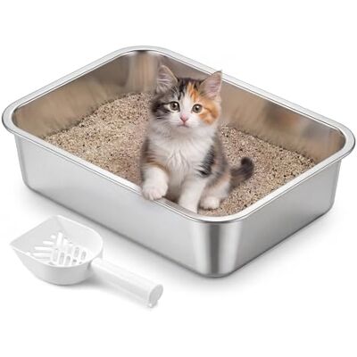 Feandrea Stainless Steel Litter Box, Open Top Cat Litter Tray with Scoop, Silver, 40 x 30 x 10 cm for Kittens, Small Cats PPT013E101 Feandrea Stainless Steel Litter Box, Open Top Cat Litter Tray with Scoop, Silver, 40 x 30 x 10 cm for Kittens, Small Cats PPT013E101