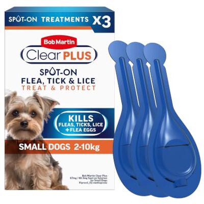 Bob Martin Clear Plus Spot On Flea Treatment for Small Dogs (2-10kg) Kills Fleas, Ticks, Lice and Flea Eggs (3 Pipettes) Bob Martin Clear Plus Spot On Flea Treatment for Small Dogs (2-10kg) Kills Fleas, Ticks, Lice and Flea Eggs (3 Pipettes)