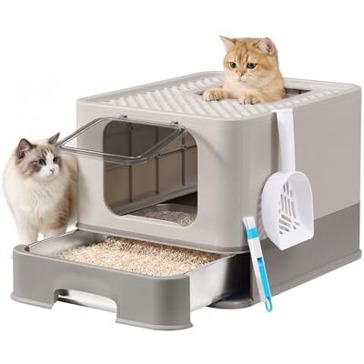 Feandrea Stainless Steel Cat Litter Box, Litter Tray with Pull-Out Drawer, Scoop, Brush, 2 Entrances, for Cats up to 15 kg, Light Grey and Dark Grey PPT004G101 Feandrea Stainless Steel Cat Litter Box, Litter Tray with Pull-Out Drawer, Scoop, Brush, 2 Entrances, for Cats up to 15 kg, Light Grey and Dark Grey PPT004G101