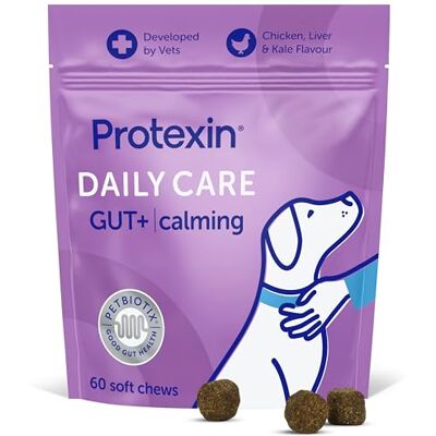 Protexin Daily Care Gut+ Calming – Probiotic, Prebiotic & Postbiotic Chews for Dogs – Supports Calm Behaviour, Gut Balance & Digestive Wellbeing – Trout, Chicken & Kale Flavour – 60 Soft Chews Protexin Daily Care Gut+ Calming – Probiotic, Prebiotic & Postbiotic Chews for Dogs – Supports Calm Behaviour, Gut Balance & Digestive Wellbeing – Trout, Chicken & Kale Flavour – 60 Soft Chews
