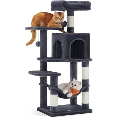 Feandrea Cat Tree Tower, 112 cm Multi-Level Plush Cat Condo with 4 Scratching Posts, 2 Perches, Cave, Hammock, Pompoms, Smoky Grey PCT261G01 Feandrea Cat Tree Tower, 112 cm Multi-Level Plush Cat Condo with 4 Scratching Posts, 2 Perches, Cave, Hammock, Pompoms, Smoky Grey PCT261G01