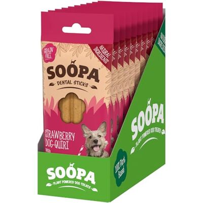 Soopa Strawberry Dog-Quiri Dental Sticks, Vegan, Human-Grade Dog Chews to Clean Teeth, Breath Freshener, Aid Digestion, Natural, Superfood, Healthy, Grain Free Dog Treats, 100 g, 10-Pack Soopa Strawberry Dog-Quiri Dental Sticks, Vegan, Human-Grade Dog Chews to Clean Teeth, Breath Freshener, Aid Digestion, Natural, Superfood, Healthy, Grain Free Dog Treats, 100 g, 10-Pack