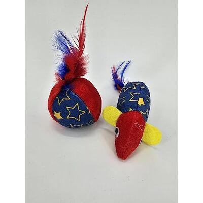 ZAMIBO Cat Toy 2P Ball 5cm Mouse 10cm Fabric Feather Red Blue ZAMIBO Cat Toy 2P Ball 5cm Mouse 10cm Fabric Feather Red Blue