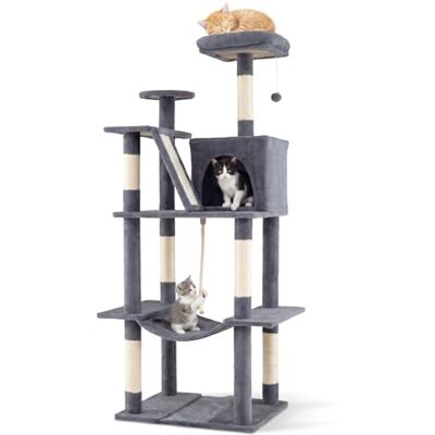 FANTASK Cat Scratching Post 158 cm, Cat Climbing Tree with Sisal Scratching Posts, Cat Cave, Hammock, Platforms & Play Ball, Sturdy Cat Tower for Cats (Dark Grey) FANTASK Cat Scratching Post 158 cm, Cat Climbing Tree with Sisal Scratching Posts, Cat Cave, Hammock, Platforms & Play Ball, Sturdy Cat Tower for Cats (Dark Grey)
