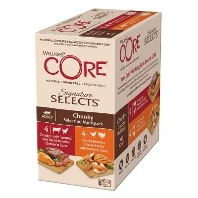 Wellness CORE Signature Selects 8 x 79g, Beef, Chicken & Turkey Selection – Wet Cat Food, Tender Chunks in Sauce, Grain-Free, Natural, Hypoallergenic, Protein-Rich, High Meat Content Wellness CORE Signature Selects 8 x 79g, Beef, Chicken & Turkey Selection – Wet Cat Food, Tender Chunks in Sauce, Grain-Free, Natural, Hypoallergenic, Protein-Rich, High Meat Content