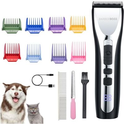 BARBERBOSS Cordless Pet Hair Clipper for Dogs & Cats, Low Noise Grooming Trimmer for Thick & Matted Fur with LED Display, Adjustable Speeds & Guide Combs, Professional Dog Groomer BARBERBOSS Cordless Pet Hair Clipper for Dogs & Cats, Low Noise Grooming Trimmer for Thick & Matted Fur with LED Display, Adjustable Speeds & Guide Combs, Professional Dog Groomer