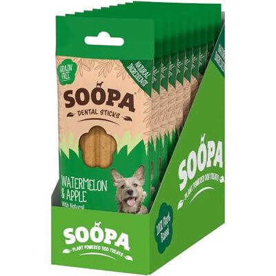 Soopa Watermelon & Apple Dental Sticks, Vegan, Human-Grade Dog Chews to Clean Teeth, Breath Freshener, Aid Digestion, Natural, Superfood, Healthy, Grain Free Dog Treats, 100 g, 10-Pack Soopa Watermelon & Apple Dental Sticks, Vegan, Human-Grade Dog Chews to Clean Teeth, Breath Freshener, Aid Digestion, Natural, Superfood, Healthy, Grain Free Dog Treats, 100 g, 10-Pack