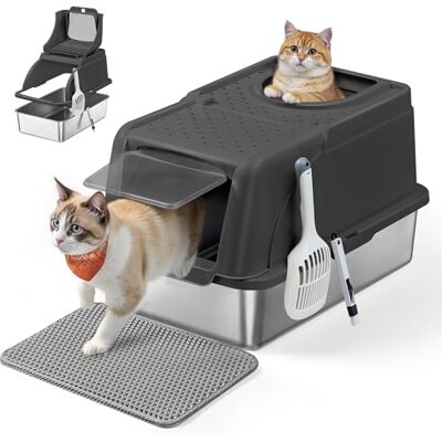 Feandrea Stainless Steel Cat Litter Box with Flip Lid, XL Litter Box with Leak-Proof Design, Scoop, Brush, Dual Entry, for Cats up to 15 kg, Ink Black PPT005BH01 Feandrea Stainless Steel Cat Litter Box with Flip Lid, XL Litter Box with Leak-Proof Design, Scoop, Brush, Dual Entry, for Cats up to 15 kg, Ink Black PPT005BH01
