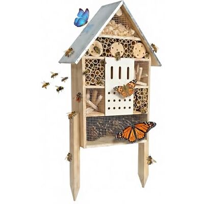Relaxdays Insect Hotel with Stand, Pine Wood, Galvanised Metal Roof, 77x38x10 cm, Natural/Silver Relaxdays Insect Hotel with Stand, Pine Wood, Galvanised Metal Roof, 77x38x10 cm, Natural/Silver
