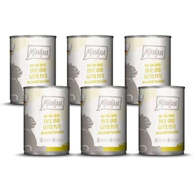 MjAMjAM Premium wet food for cats DUO of tender duck & good turkey on steamed pumpkin, 6 pack (6 x 400 g), grain free with extra meat MjAMjAM Premium wet food for cats DUO of tender duck & good turkey on steamed pumpkin, 6 pack (6 x 400 g), grain free with extra meat