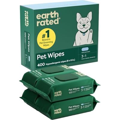Earth Rated Pet Wipes for Dogs and Cats, Hypoallergenic, 3-in-1 Cleaning, Deodorizing and Hydrating, for Grooming Paws, Body and Bums, New White Tea and Basil Scent, 400 Count Earth Rated Pet Wipes for Dogs and Cats, Hypoallergenic, 3-in-1 Cleaning, Deodorizing and Hydrating, for Grooming Paws, Body and Bums, New White Tea and Basil Scent, 400 Count