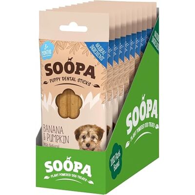 Soopa Banana & Pumpkin Puppy Dental Sticks for Dogs, Human-Grade, Natural Dog Chews, Vegan, Grain-Free Puppy Treats, Superfood Dog Dental Chews to Clean & Soothe Teething, 10 x 100 g Soopa Banana & Pumpkin Puppy Dental Sticks for Dogs, Human-Grade, Natural Dog Chews, Vegan, Grain-Free Puppy Treats, Superfood Dog Dental Chews to Clean & Soothe Teething, 10 x 100 g