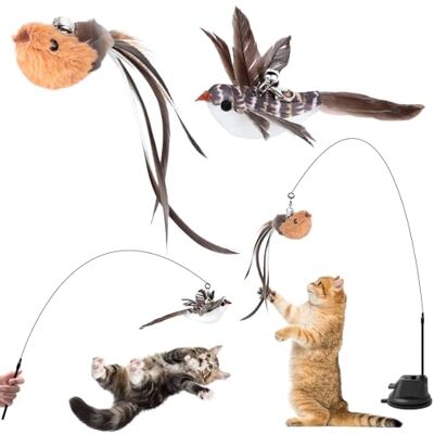 AiQInu Pack of 4 Interactive Cat Toy, Suction Cup, 1 Cat Fishing Rod with 2 Bells Birds, Intelligence Toy for Cats, Wand AiQInu Pack of 4 Interactive Cat Toy, Suction Cup, 1 Cat Fishing Rod with 2 Bells Birds, Intelligence Toy for Cats, Wand
