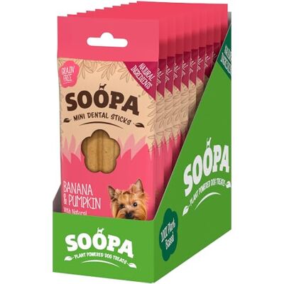 Soopa Banana & Pumpkin Mini Dental Sticks, Vegan, Human-Grade Small Dog Chews to Clean Teeth, Breath Freshener, Aid Digestion, Natural, Superfood, Healthy, Grain Free Dog Treats, 100 g, 10-Pack Soopa Banana & Pumpkin Mini Dental Sticks, Vegan, Human-Grade Small Dog Chews to Clean Teeth, Breath Freshener, Aid Digestion, Natural, Superfood, Healthy, Grain Free Dog Treats, 100 g, 10-Pack