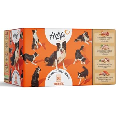 HILIFE Adult Wet Dog Food, Mixed Chicken Recipes, Complete Dog Food Pouches, 100% Natural ingredients, Multipack Chicken with Duck, Beef, Tuna, Salmon (32 x 150g Pouches) HILIFE Adult Wet Dog Food, Mixed Chicken Recipes, Complete Dog Food Pouches, 100% Natural ingredients, Multipack Chicken with Duck, Beef, Tuna, Salmon (32 x 150g Pouches)