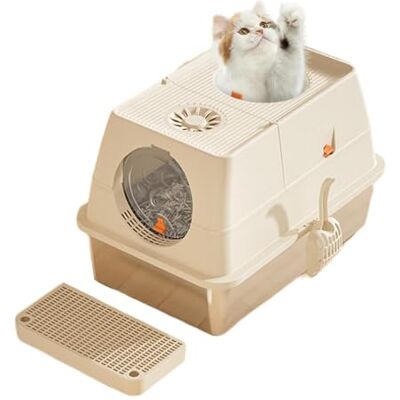 Hapihom Stainless Steel Cat Litter Tray with Lid 60 x 40 x 39 cm Closed with Sand Filter Pedal and Litter Scoop, XXL Large Removable High Rim Cat Litter Tray Easy to Clean Khaki Hapihom Stainless Steel Cat Litter Tray with Lid 60 x 40 x 39 cm Closed with Sand Filter Pedal and Litter Scoop, XXL Large Removable High Rim Cat Litter Tray Easy to Clean Khaki
