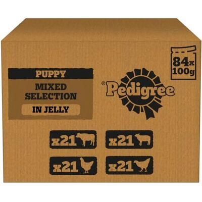 Pedigree Puppy Dog Food Pouches Chunks in Jelly, 84 x 100g Multipack, Four Flavours (with Beef & Liver, Chicken, Lamb & Liver, Poultry and Rice) Pedigree Puppy Dog Food Pouches Chunks in Jelly, 84 x 100g Multipack, Four Flavours (with Beef & Liver, Chicken, Lamb & Liver, Poultry and Rice)