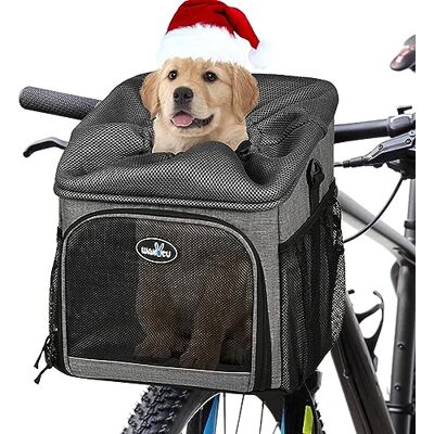 wakytu Dog Bike Basket Carrier, Pet Bicycle Front Carrier Backpack for Bike Riding Foldable Removable, Reflective Strips, 2 Side Storage Pockets, Pet Travel Bag for Cats Small Dogs wakytu Dog Bike Basket Carrier, Pet Bicycle Front Carrier Backpack for Bike Riding Foldable Removable, Reflective Strips, 2 Side Storage Pockets, Pet Travel Bag for Cats Small Dogs