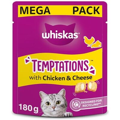 whiskas Temptations Tasty, Crunchy Treats for Adult Cats, Small Bite Size Snacks with a Delicious Chicken and Cheese Filling, 4 x 180 g Packets Pack May Vary whiskas Temptations Tasty, Crunchy Treats for Adult Cats, Small Bite Size Snacks with a Delicious Chicken and Cheese Filling, 4 x 180 g Packets Pack May Vary