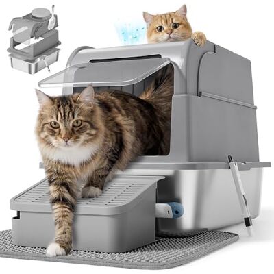Feandrea Stainless Steel Cat Litter Box with Flip Lid, Enclosed Cat Litter Tray with 2 Entrances, Scoop, Brush, for Cats up to 15 kg, Dove Grey PPT021G201 Feandrea Stainless Steel Cat Litter Box with Flip Lid, Enclosed Cat Litter Tray with 2 Entrances, Scoop, Brush, for Cats up to 15 kg, Dove Grey PPT021G201