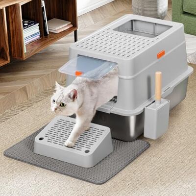 BAKAJI XXL Cat Litter Tray with Steel Base and Lockable Door, Anti Sand Platform, Collection Scoop with Container and Anti-Dirt Mat, Capacity 35 Litres, 60 x 40 x 38.5 cm BAKAJI XXL Cat Litter Tray with Steel Base and Lockable Door, Anti Sand Platform, Collection Scoop with Container and Anti-Dirt Mat, Capacity 35 Litres, 60 x 40 x 38.5 cm