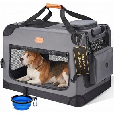Morpilot Large Dog & Cat Carrier Soft-Sided Pet Travel Crate, Foldable Dog Car Crate, with Collapsible Bowl, Shoulder Strap & Storage Pockets, L, Grey, (Max 18kg) Morpilot Large Dog & Cat Carrier Soft-Sided Pet Travel Crate, Foldable Dog Car Crate, with Collapsible Bowl, Shoulder Strap & Storage Pockets, L, Grey, (Max 18kg)