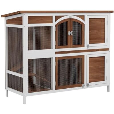 PawHut Two-Tier Wooden Rabbit Hutch - Openable Roof, Ramp, Tray PawHut Two-Tier Wooden Rabbit Hutch - Openable Roof, Ramp, Tray